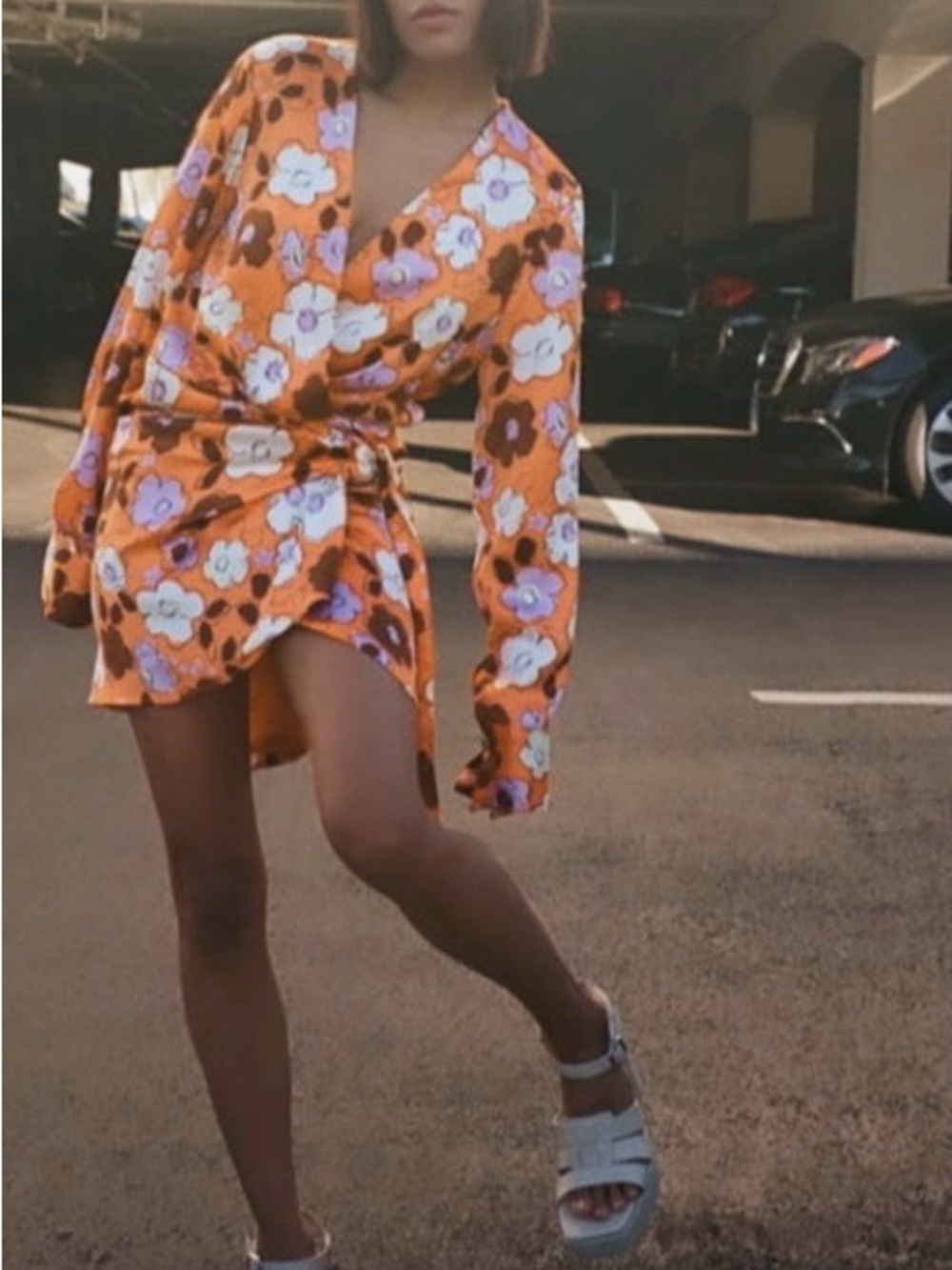 Zara Floral Orange Wrap Mini Satin Dress